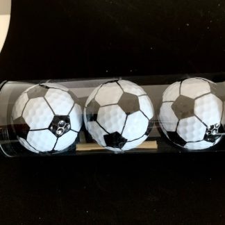 3 golfballen met een voetbal bedrukking