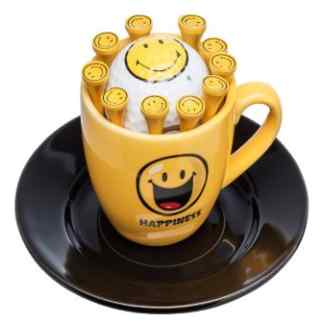 koffie kop en schotel Smiley Happiness met golfbal en tees