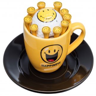 koffie kop en schotel Smiley Happiness met golfbal en tees