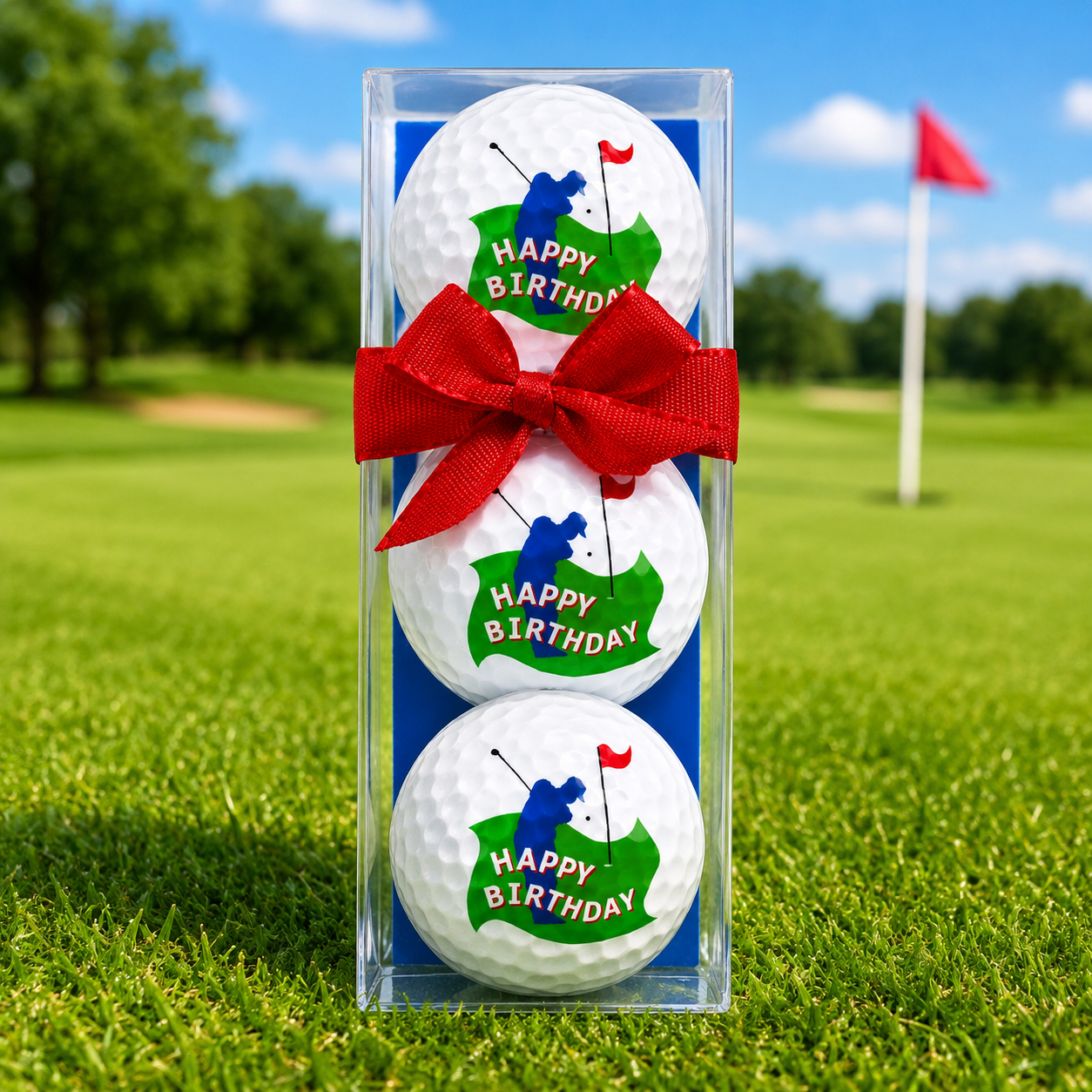 3 Verjaardags Golfballen met Rode Cadeaustrik - Afbeelding 2