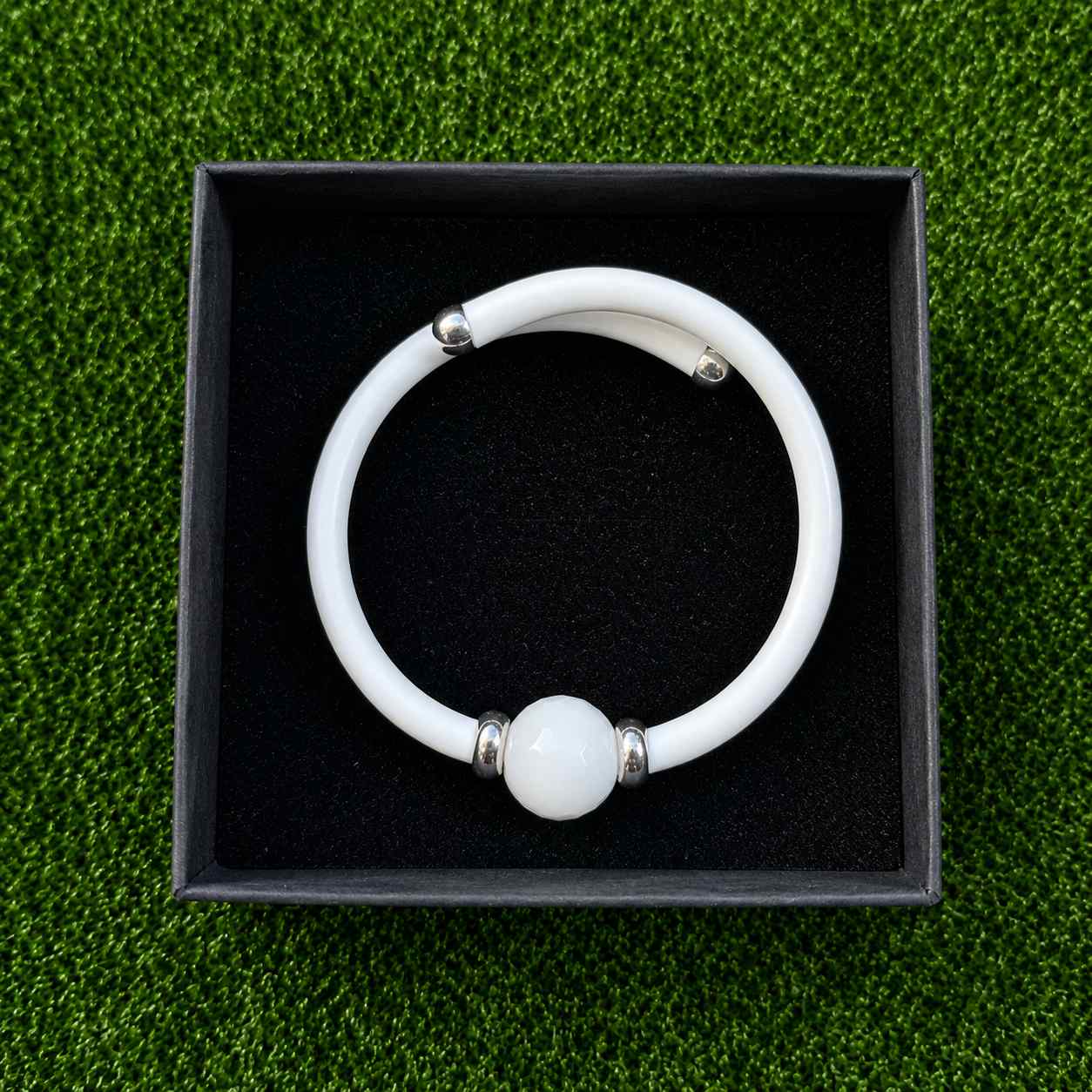 Golfarmband – Wit Rubber, Sterling Zilver & Witte Agaat groot